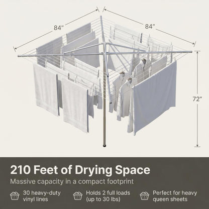 Household Essentials 17130-1 Rotary Outdoor Umbrella Drying Rack | Aluminum | 30-Lines with 210 ft. Clothesline,Silver