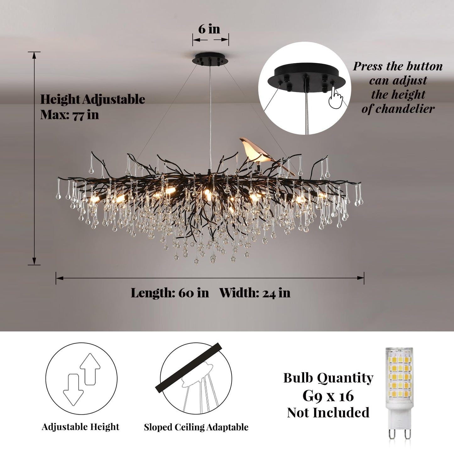 Modern Crystal Chandelier, Tree Branch Style - L60" Black Linear Raindrop Pendant Light - 16 Lights for Dining, Living Room, Entryway, Foyer, Stairway, Bedroom