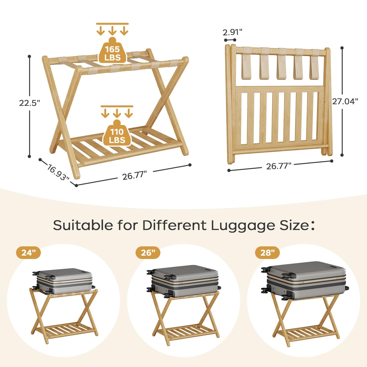 Oakvora Full Assembled 26.77"L Luggage Rack for Guest Room, Set of 2 Foldable Suitcase Stand with 5 Nylon Straps, Luggage Holder with Shoe Shelf for Suitcases Hotel (Natural Wood Bamboo Luggage Stands)