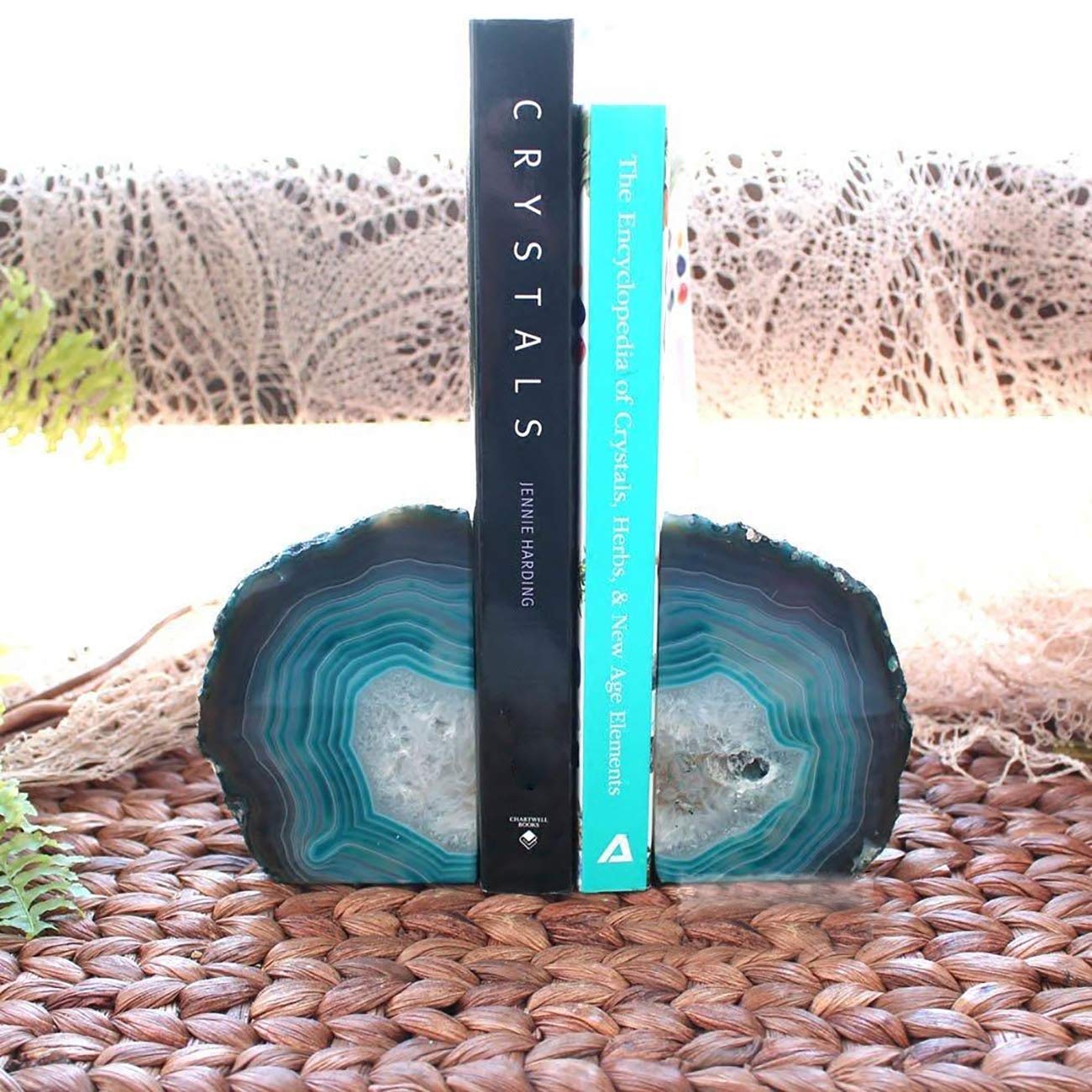AMOYSTONE Teal Agate Bookends 3-4 lbs & Rose Quartz Bookends 3-4 lbs for Home Decor