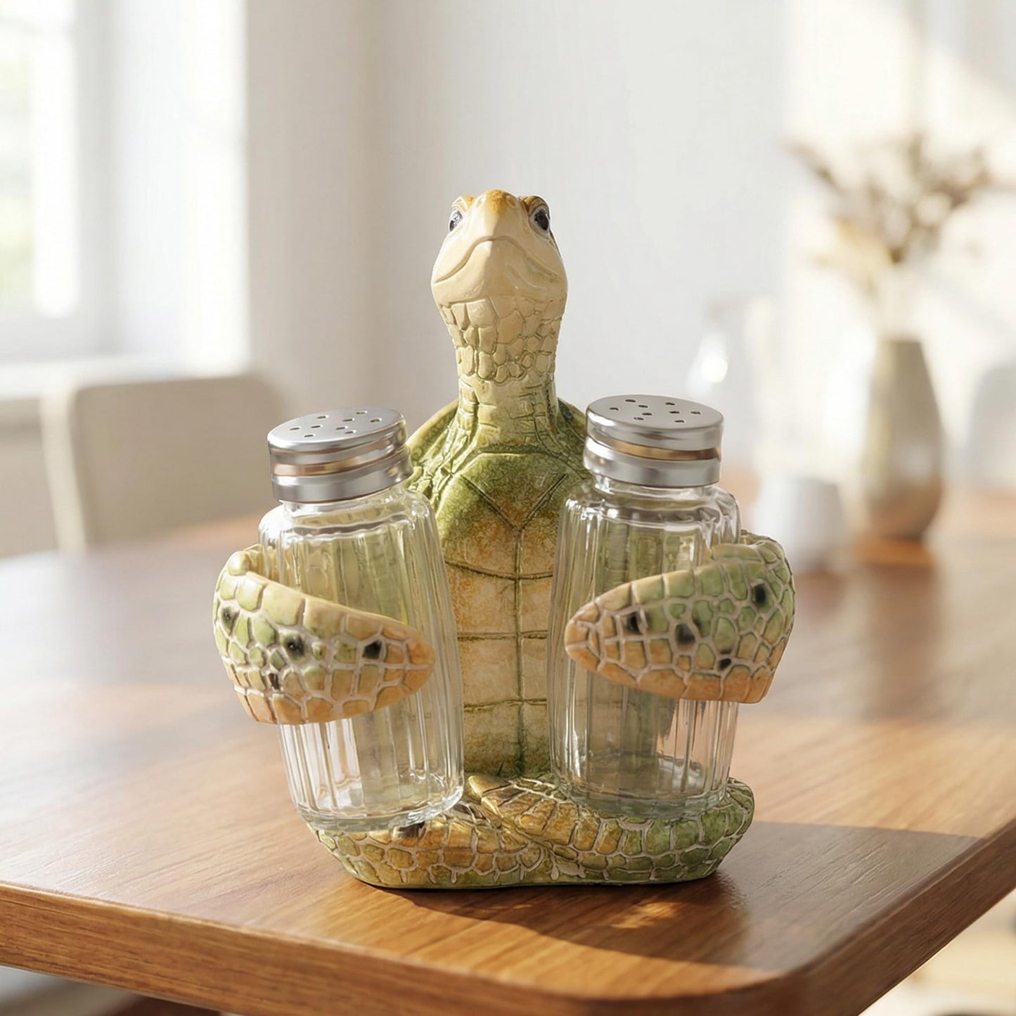 Decorative Green Sea Turtle Salt and Pepper Shaker Holder, Coastal Kitchen Decor (Greenturtle)
