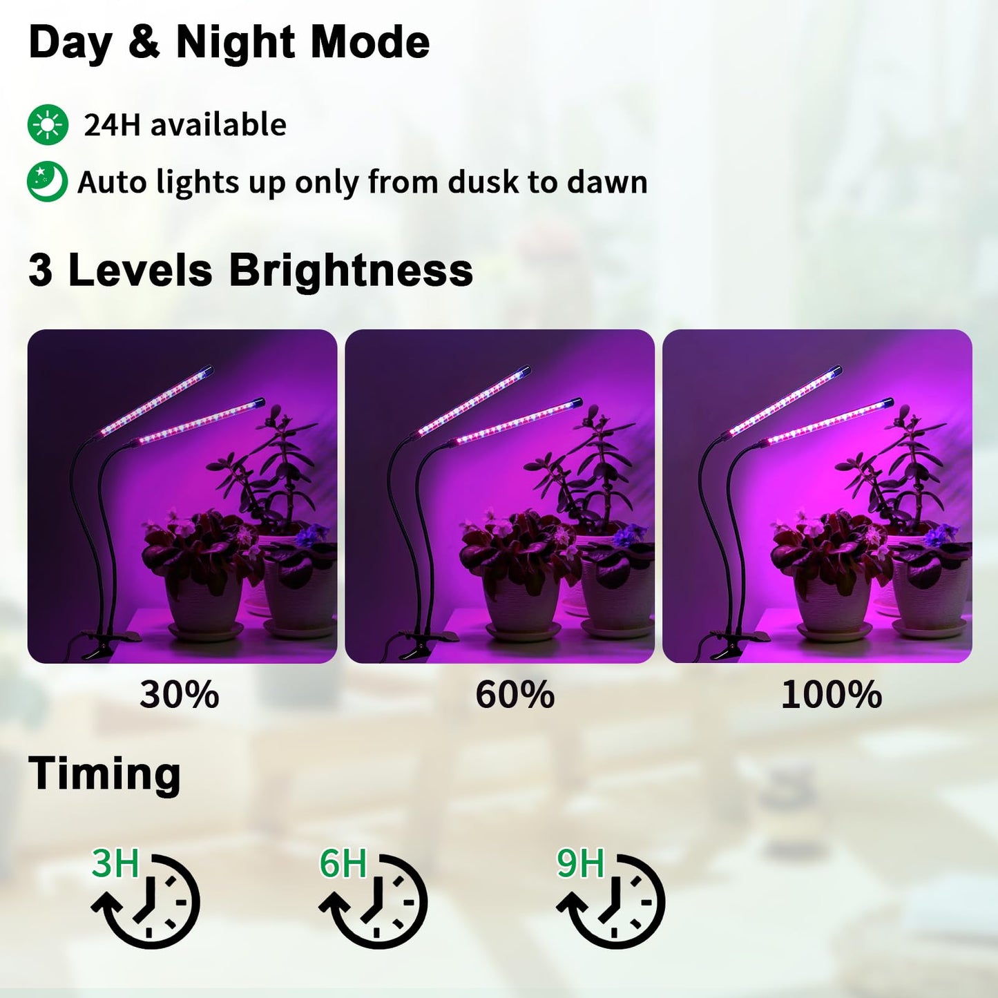 ladate Solar Grow Lights with Batteries, 2 Heads Clip Plant Growing Lamp with Red Blue Spectrum for Indoor Plants, 3/9/12H Timer, 3 Dimmable Level, Adjustable Gooseneck,3 Switch Modes, Auto On Off