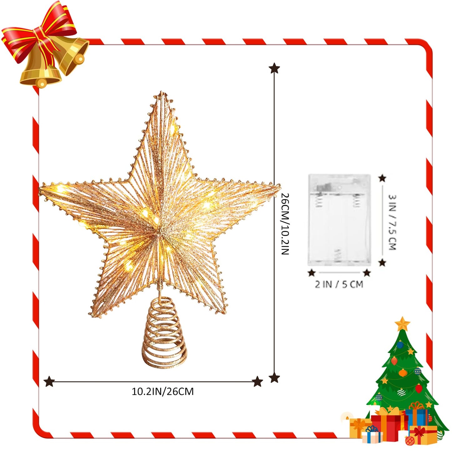 Christmas Tree Topper 10" Golden Glittered Star Tree Topper with 30 LED Lights Xmas Tree Topper Star for Xmas Decorations Ornaments Holiday Party Indoor Decor