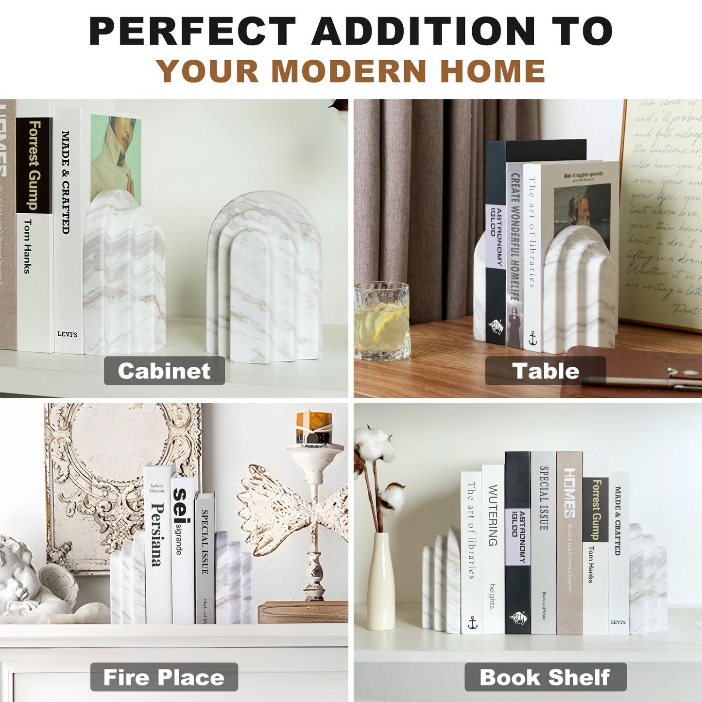 Natural Marble Book Ends - Heavy Duty Bookends for Shelves - Aesthetic Layered Arch Design Stone Book Holders, Modern Office Bookshelf Stopper Decor for Books/CDs (Volakas)