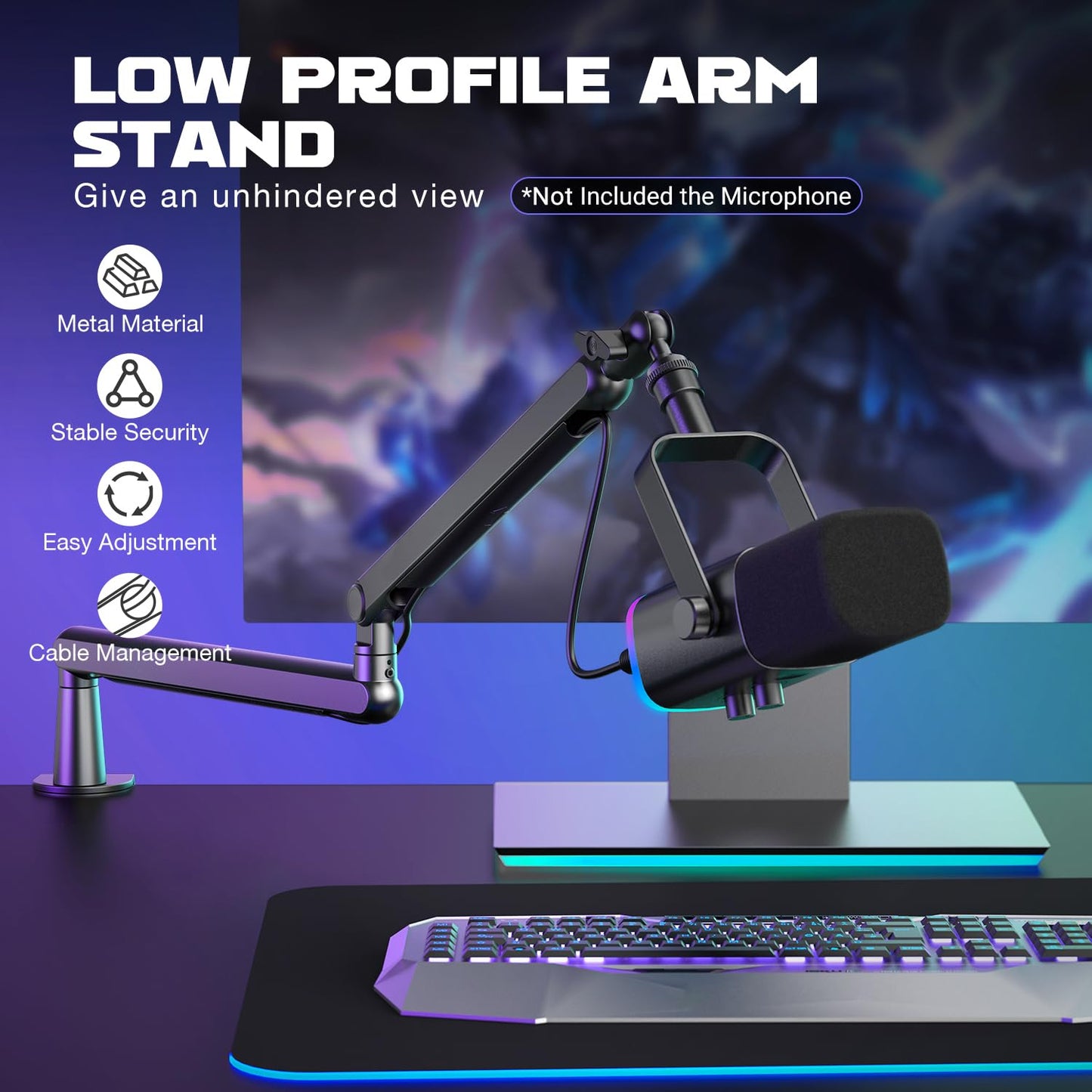 FIFINE Microphone Boom Arm, Low Profile Adjustable Stick Microphone Arm Stand with Desk Mount Clamp, Screw Adapter, Cable Management, for Podcast Streaming Gaming Studio-BM88