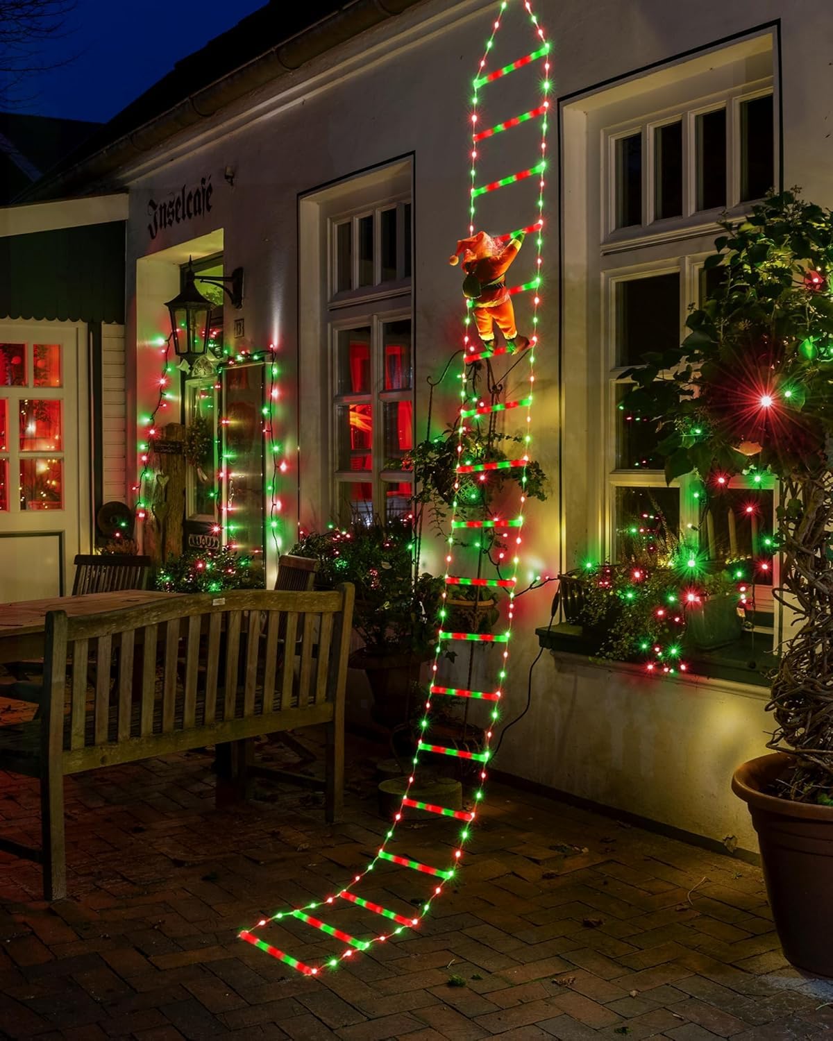 Christmas Decorations LED Ladder Lights with Climbing Santa Claus, 10ft Outdoor Christmas Decorative Light - 8 Modes Xmas Lights Tree for Home Holiday Wall Window Xmas Decor (Red & Green)
