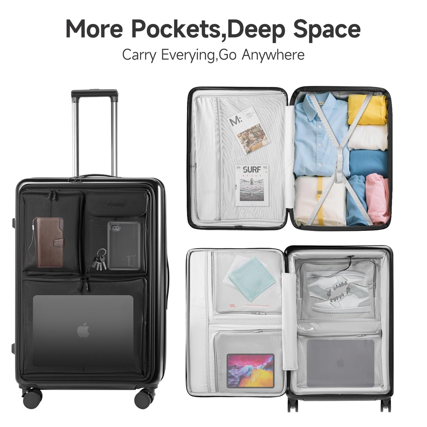 24 Inch Checked Luggage with Front Pocket, Expandable Hardshell Suitcase with Spinner Wheels, Hybrid Travel Bag with Laptop Compartment, TSA Lock & USB Charging Ports, Medium Suitcase for 7-10 Days