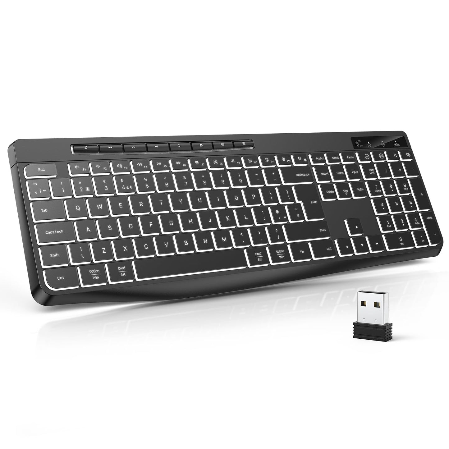 TECURS Wireless Keyboard White Backlit, 2.4G Silent Keyboard Wireless Gaming with Multimedia Keys for Windows/Mac/PC, QWERTY UK Layout, Black