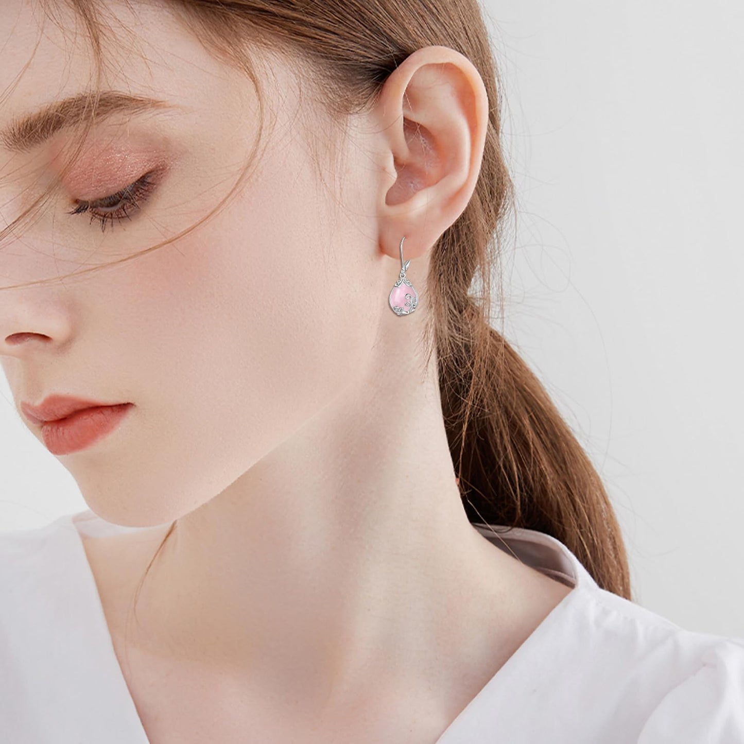 POPLYKE Rose Quartz Filigree Teardrop Drop Dangle Earrings Sterling Silver Pink Crystal Leverback Earrings Jewelry for Women