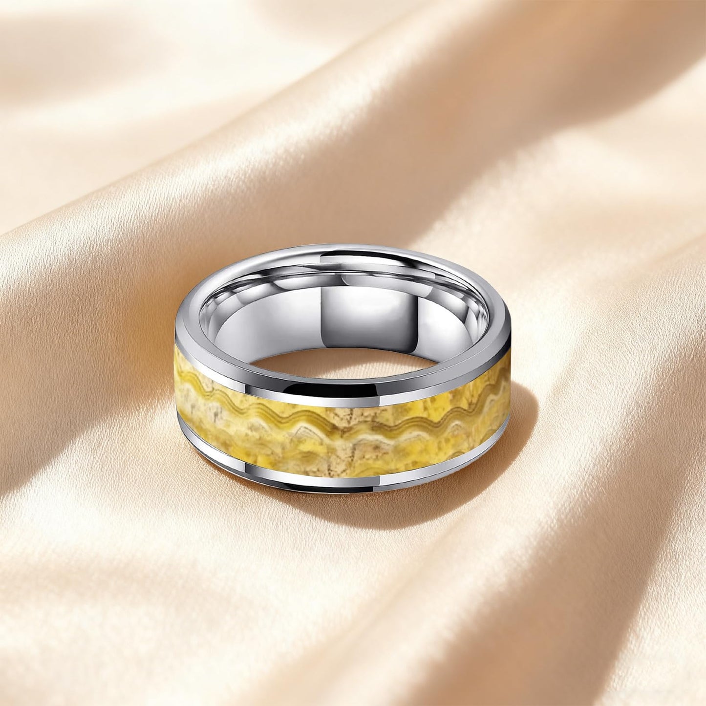 HJIMMNHONG New Carbon Fiber Fashion Rings Double Beveled Edge Delicate Polished Simple Stainless Steel Mens and Women Rings,8mm,Size Available (Flowing-sand Gold, 9)