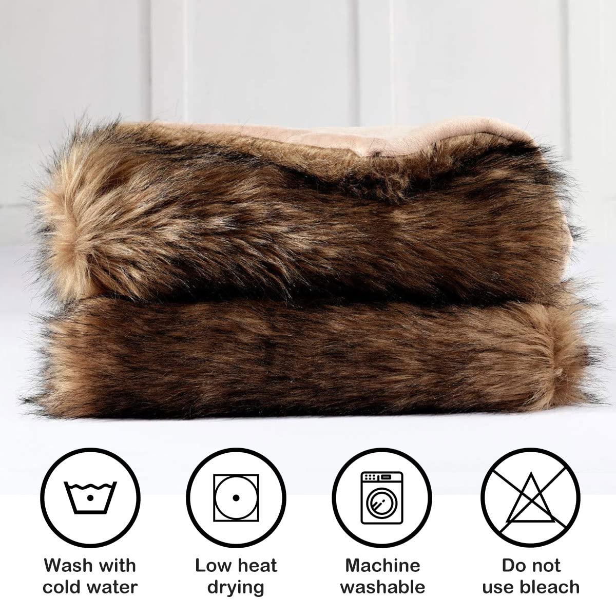 Luxury Plush Faux Fur Throw Blanket, Long Pile Brown with Black Tipped Blanket, Super Warm, Fuzzy, Elegant, Fluffy Decoration Blanket Scarf for Sofa, Armchair, Couch and Bed, 60''x 80''