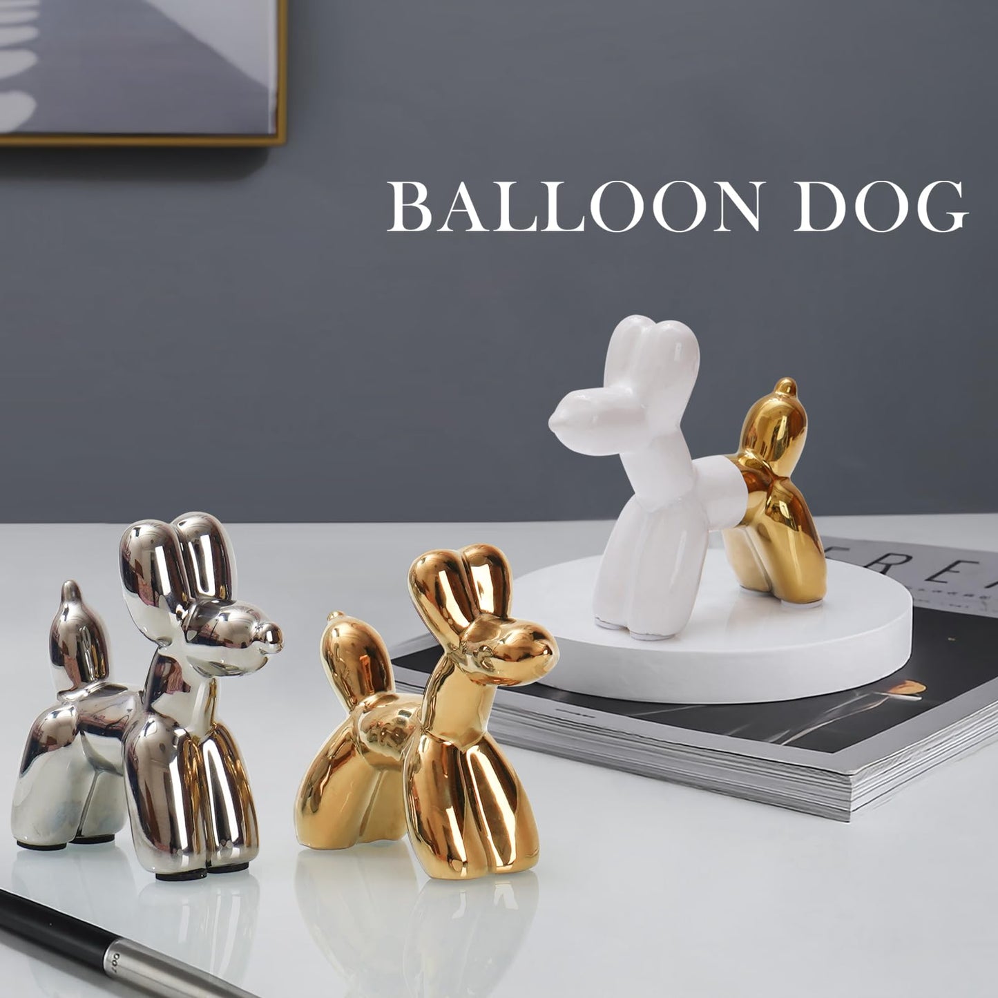 Notakia Cute Ceramics Balloon Dog Statue Crafts Living Room Desktop Decorations,Handmade Modern Small Ceramic Animal Statue Ornament Home Decor Accents