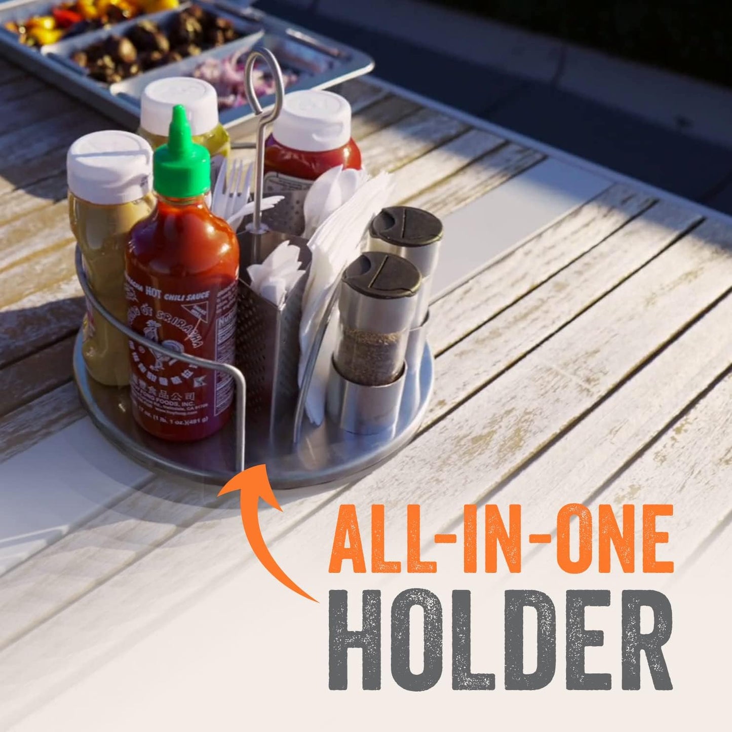 Yukon Glory Rotating Condiment Caddy | Commercial-Grade Stainless Steel | 360-Degree Rotation | 2 Glass Salt & Pepper Shakers | Carry Handle | Patent Pending | Outdoor Grill & Patio