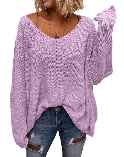 BZB Women's V Neck Long Sleeve Knit Loose Oversized Pullover Sweater Top