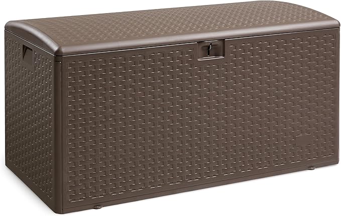 Amazon Basics Outdoor Storage Deck Box, Lockable, Weather-Resistant, 99 Gallon, Brown, for Patio Cushions, Gardening Tools, Pool Accessories