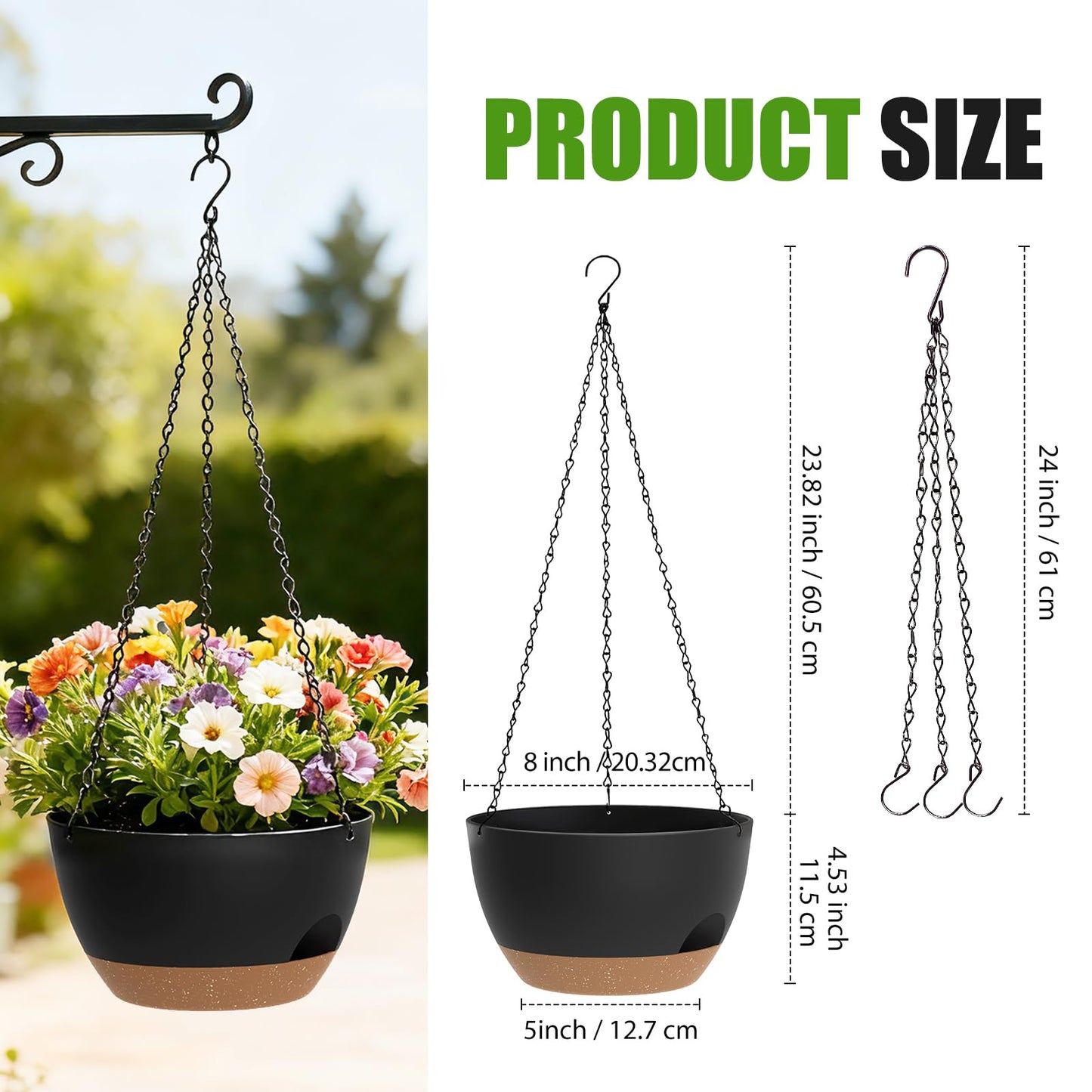 SQKH 8 Inch Hanging Planters for Indoor Outdoor Plants, 4 Pack Black Brown Plastic Self Watering Hanging Baskets with Drainage Holes and Chain for Garden Porch