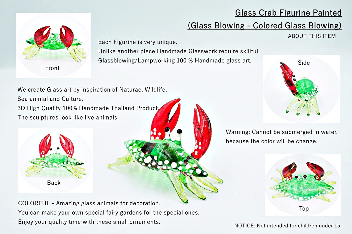 1shopforyou Glass Crab Figurine Red Green Claw Hand Blown Painted Art Miniature Coastal Style Gift Home Decoration No.9