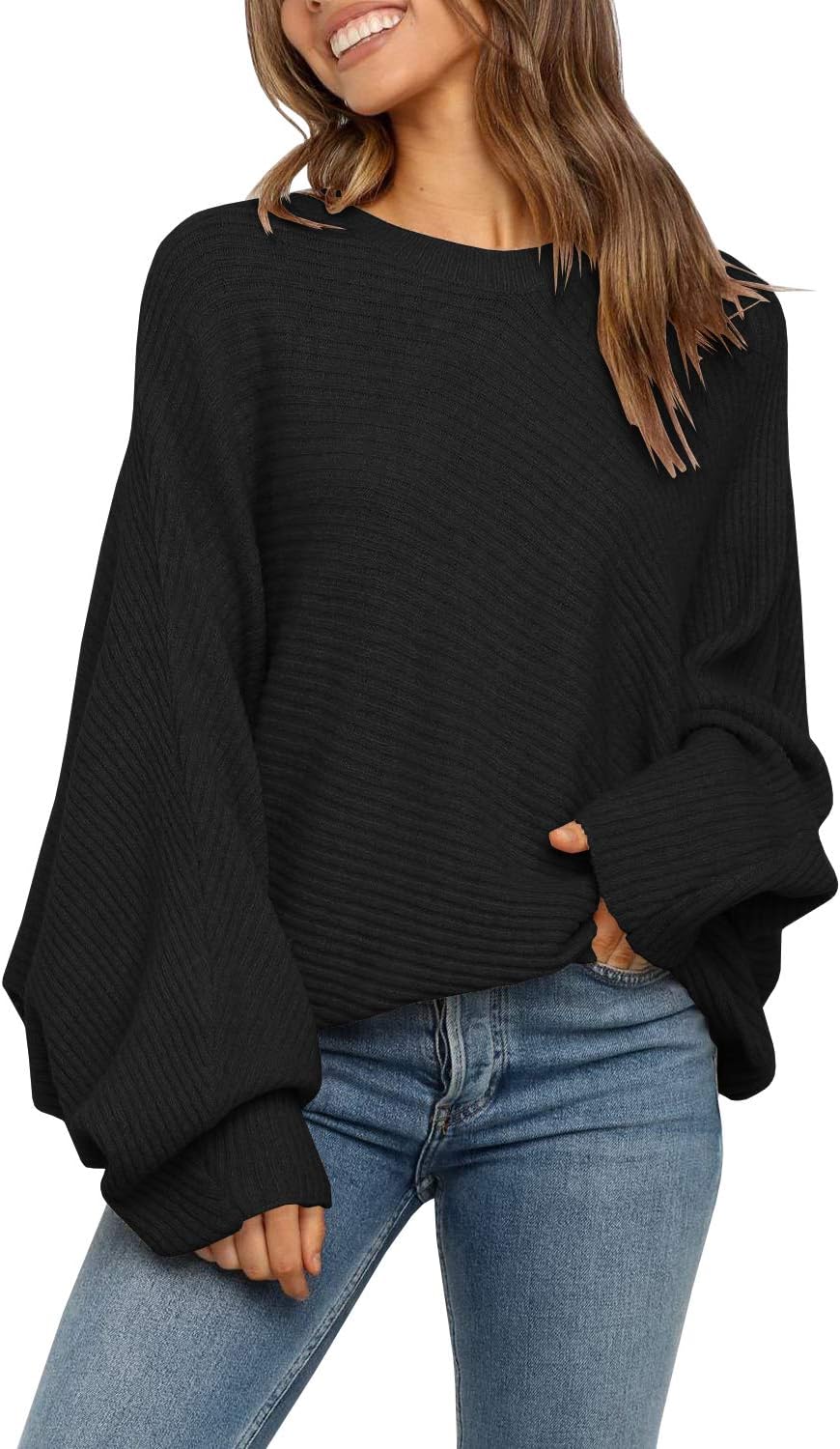 Mafulus Women's Oversized Crewneck Sweater Batwing Puff Long Sleeve Cable Slouchy Pullover Jumper Tops