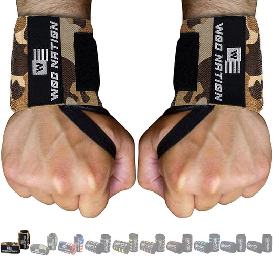 WOD Nation Wrist Wraps for Weightlifting, 12” Professional Gym Wrist Straps w/Thumb Loop, Wrist Wraps for Men & Women, Wrist Support Wraps for Strength Training, Powerlifting & Bodybuilding (Camo)