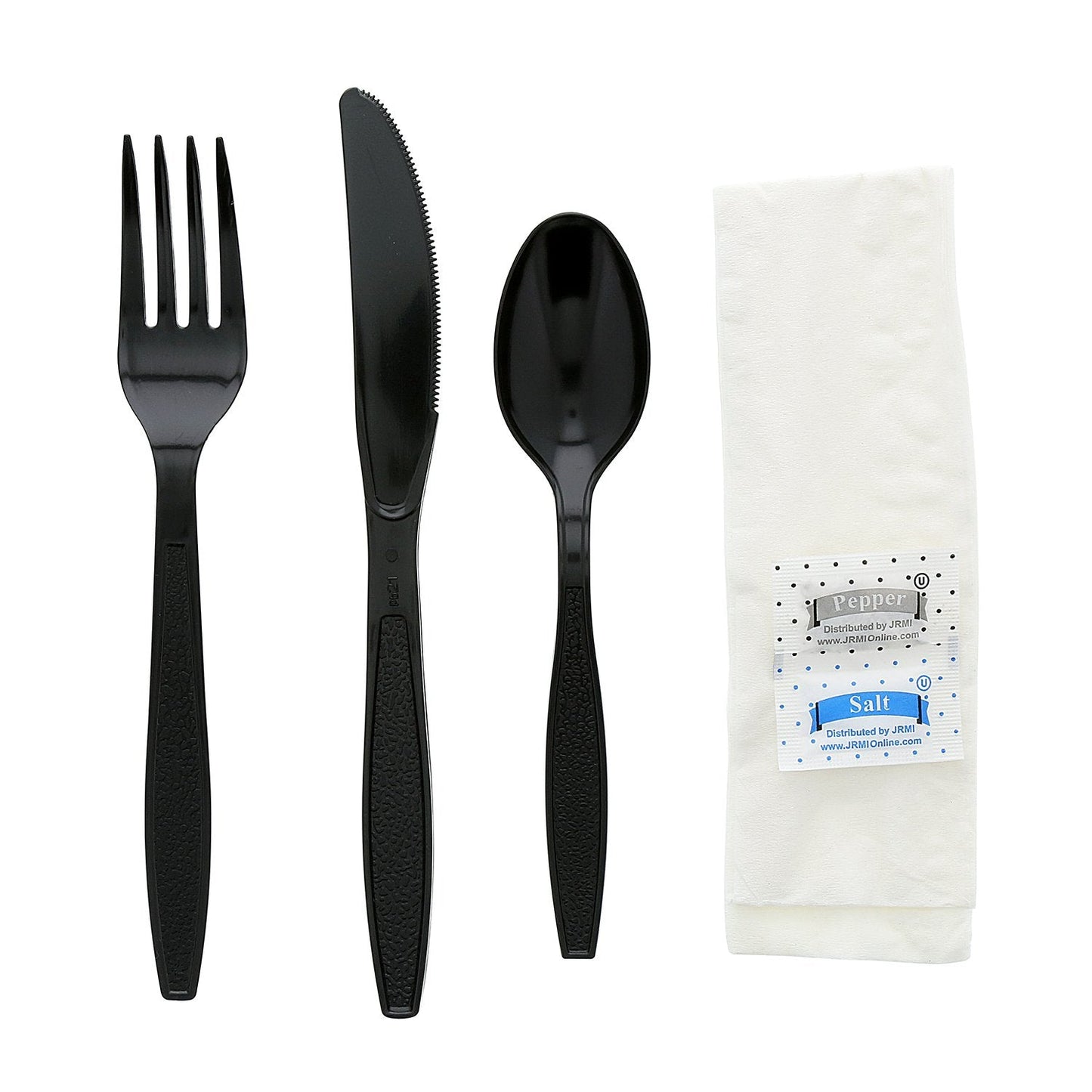 AmerCareRoyal 6-in-1 Disposable Silverware Heavy Weight Plastic Utensil Set with Teaspoon, Fork, Knife, Salt & Pepper Packets, 13x17 Napkin - Individually Wrapped Cutlery Meal Kit, Black, Case of 250
