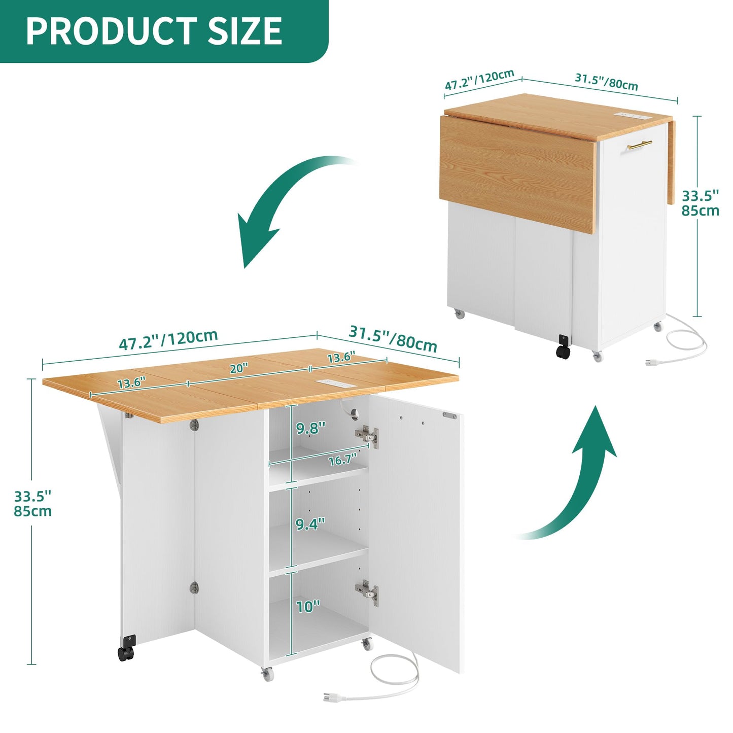 YITAHOME Folding Kitchen Table with Power Outlet, Drop Leaf Kitchen Table Islands for 2 on Wheels, Convertible Trash Can Storage Cabinet for 10 Gallon Garbage Bin, Adjustable Storage Racks, Wihte Oak