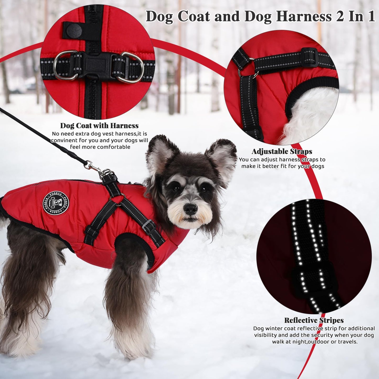 Poseca Dog Coat with Harness,Dog Coats Waterproof,Small Dog Harness Jacket,Puppy Winter Fleece Jackets,Winter Waterproof Coat with Reflective Harness and Zipper for Small Medium Large Dogs
