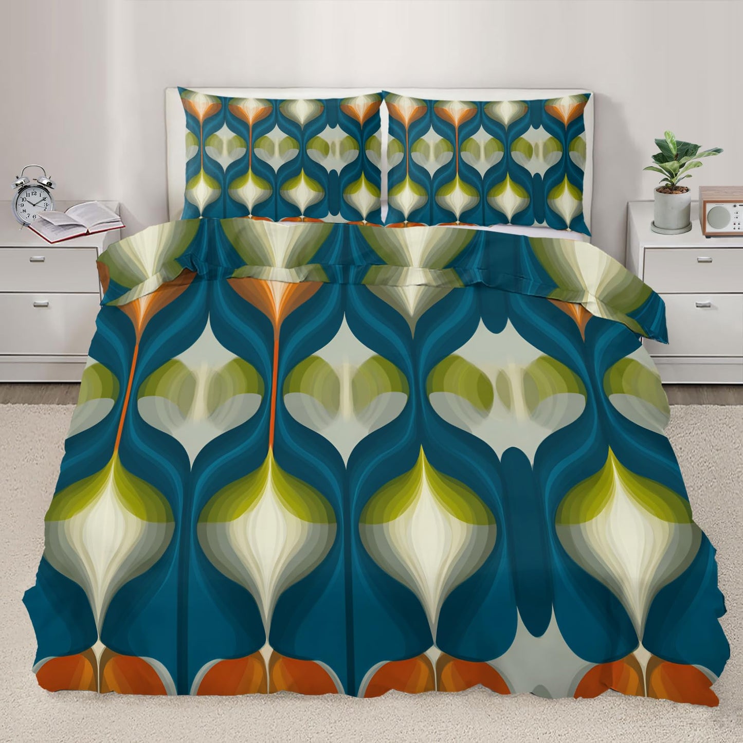 ZAOMIR Mid Century Modern Duvet Cover Queen Size, Groovy Abstract Retro Bedding Set 3 Piece, Blue Green Geometric Patterned Comforter Cover with Zipper Soft Microfiber, 2 Pillowcases