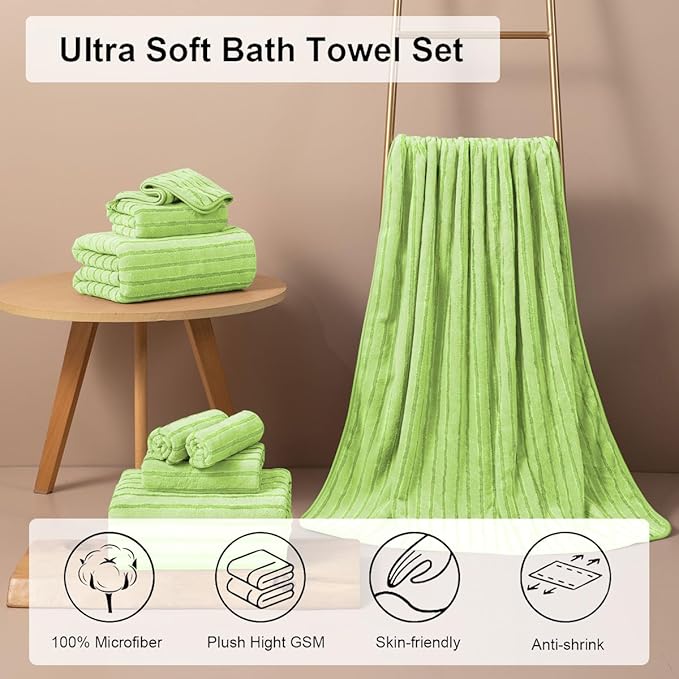 8 Pcs Grass Green Cabana Stripe Large Bath Towel Set