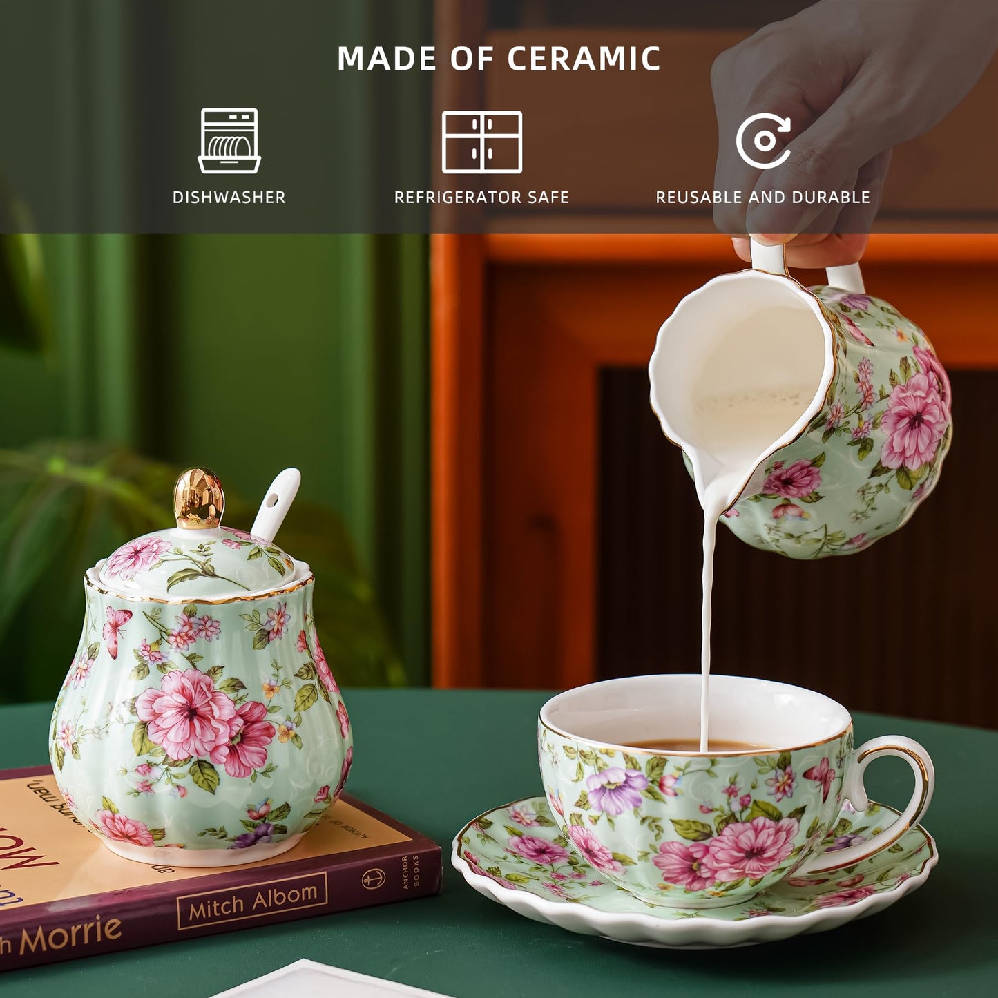 Agyiuns Ceramic Sugar and Creamer Set, 3 Piece Set with Cream Pitcher, Sugar Bowl, Sugar Set with Lid and Spoon (Green)