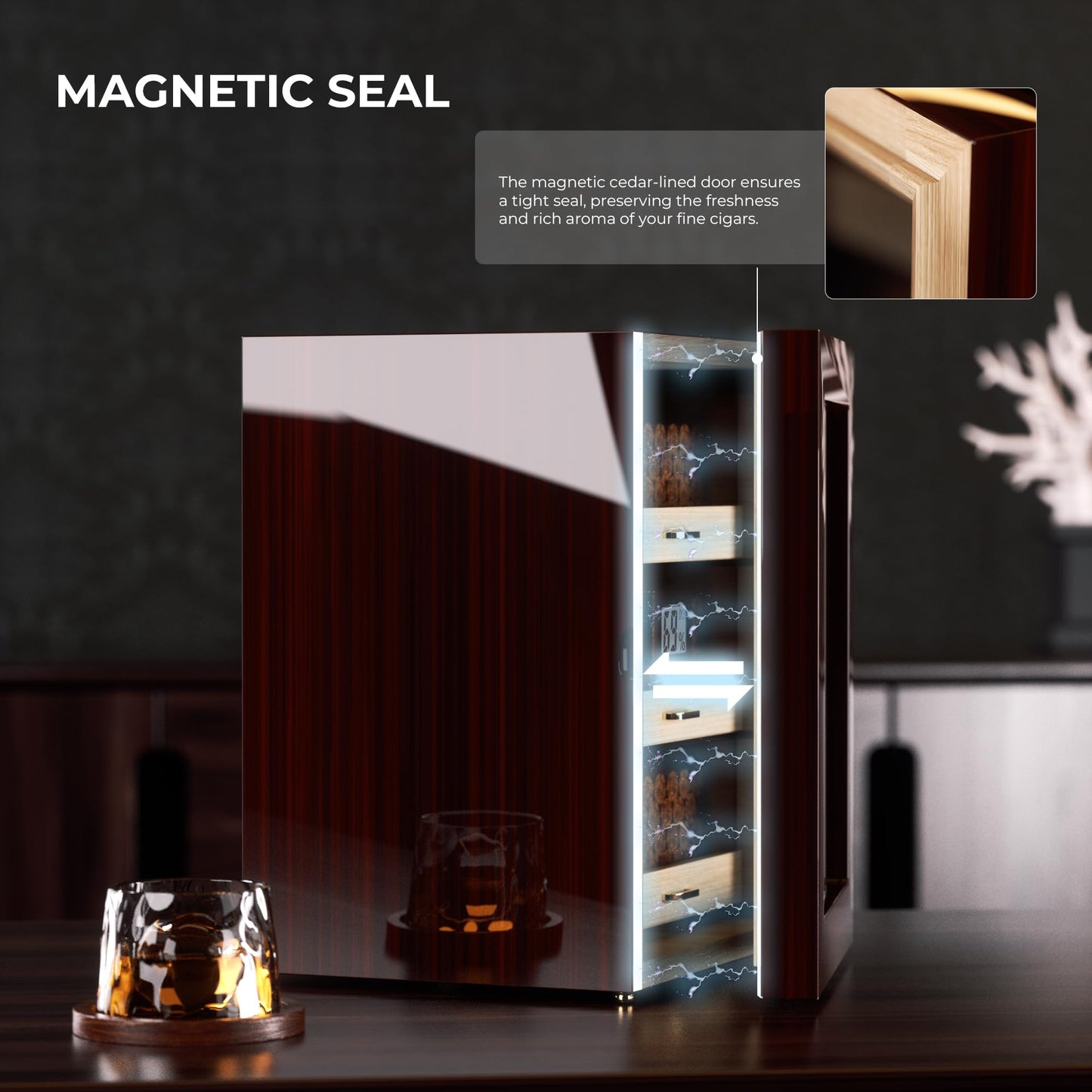 Woodronic Cigar Humidor Cabinet for 150 Counts with Spanish Cedar Lining, Crystal Gel Humidifiers, Digital Hygrometer & Larger Drawers, Glossy Ebony Finish, Desktop Cigar Gift for Men