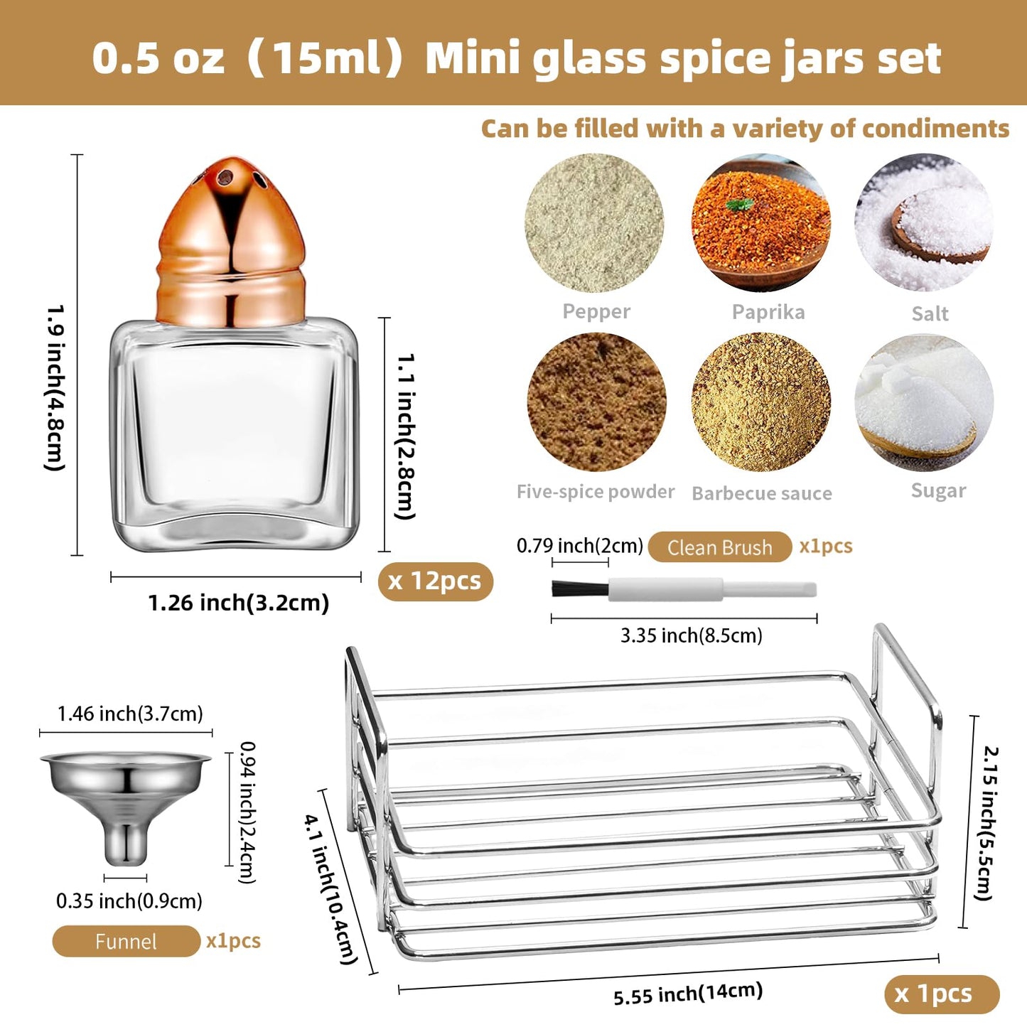 12 Pcs 0.5 oz Cube Shape Small Salt and Pepper Shakers Clear Mini Glass Seasoning Jars Spice Salt Shakers with Funnel and Storage Rack for Wedding Party Restaurant Home Kitchen (Rose Gold)