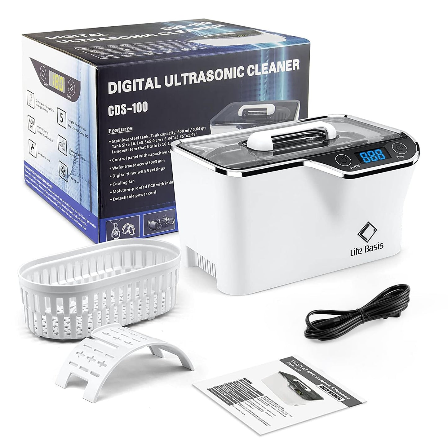 LifeBasis CDS-100 Ultrasonic Cleaner Jewellery Cleaner 600ML 42KHz,Silver Cleaner with Cleaning Basket Watch Stand for Jewelry Necklace Ring Glass Watch Denture Guin-ness Surger Cans（White）