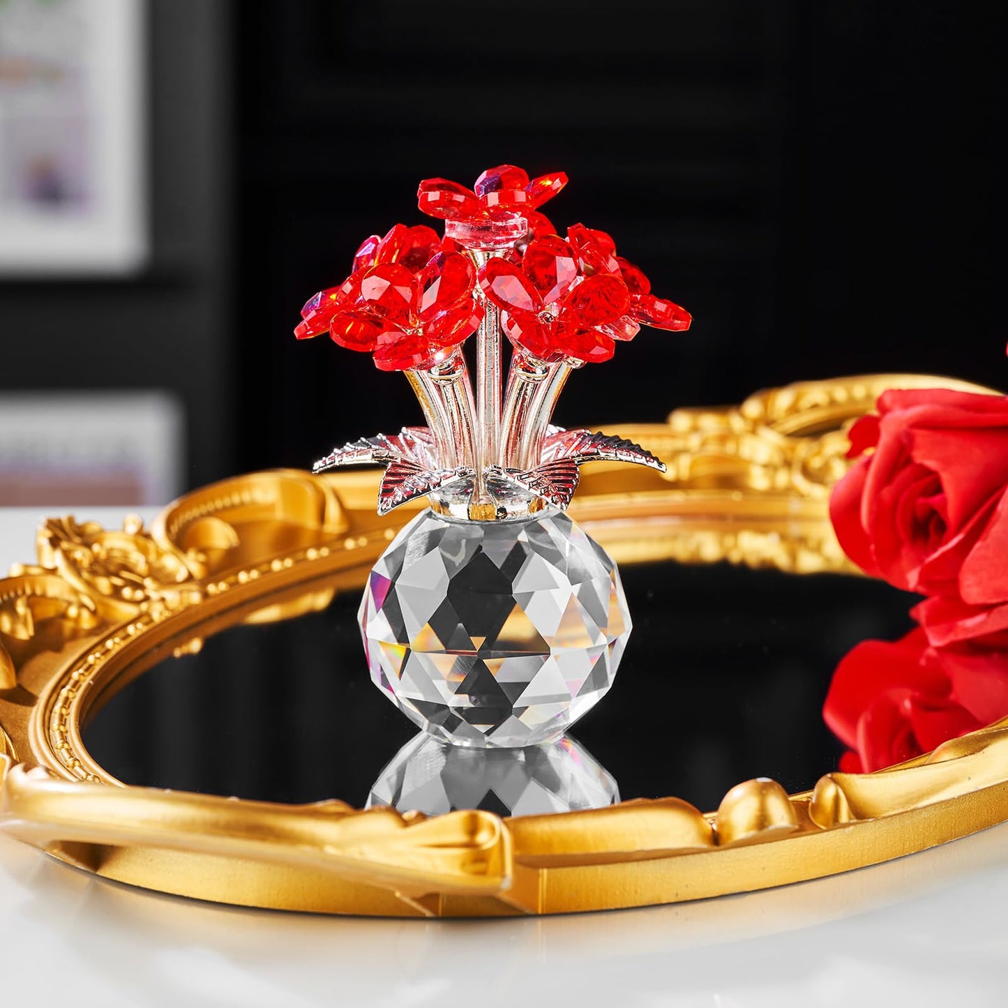 XLSJGYP Crystal Red Flower Decoration Glass Flowers Mother's Day Birthday Gifts for Women Girl Wife Girlfriend Daughter Ornament Bouquet Collectible for Valentine's Day Wedding (Red Flower 02)
