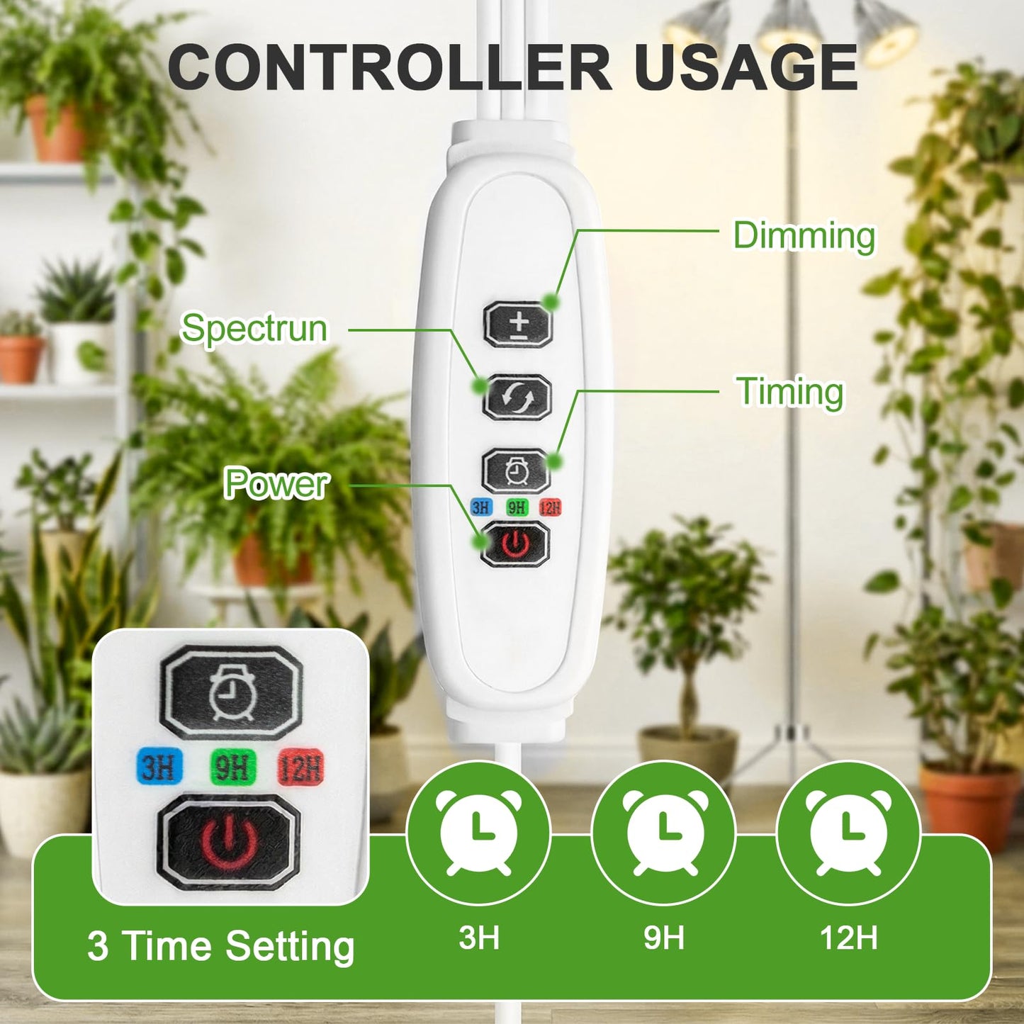 Full Spectrum Grow Light for Indoor Plants with Adjustable Tripod Stand, 11''- 60'' Height Plant Grow Lamp with Auto Timer 3/9/12H, LED Plant Light for Houseplants, Seedlings, Flowers & Indoor Garden