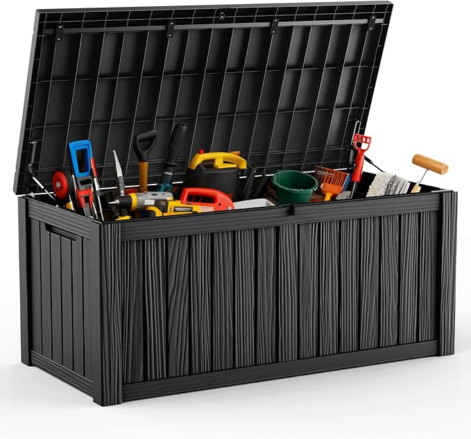 DRATO 120 Gallon Large Deck Box, Outdoor Storage Box for Patio Furniture, Patio Cushions, Gardening Tools, Pool Supplies,660lbs Weight Capacity,Waterproof Resin Storage Boxes（Black，120 Gallon）