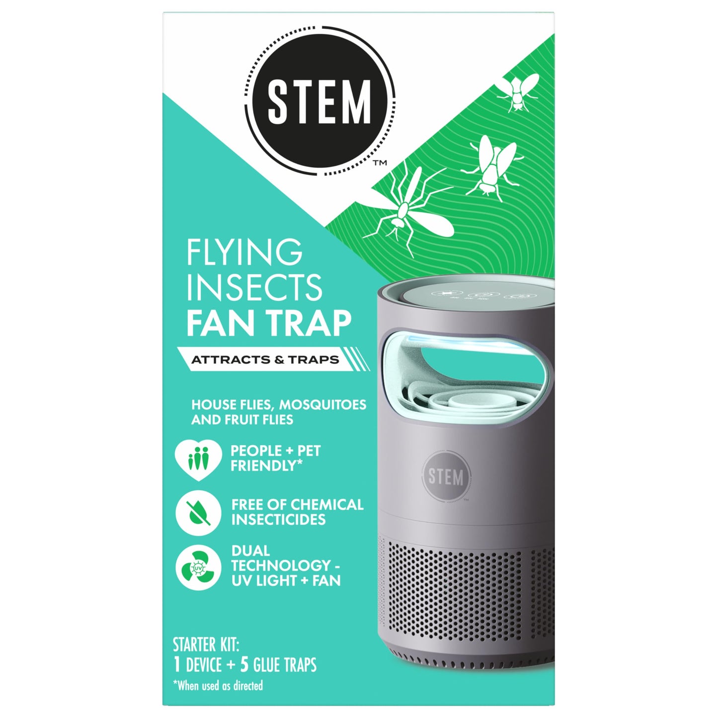 STEM Flying Insect Fan Trap for Indoor Bug Control, Attracts Mosquitoes, Fruit Flies, and House Flies, Plug-in Fan with UV Light, Starter Kit Includes 1 Device and 5 Glue Traps