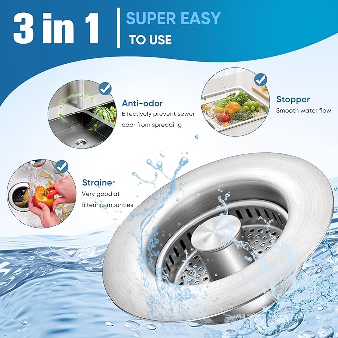 2 Pack Sink Drain Strainer Kitchen Sink Drain Strainer&Sink Stopper, Stainless