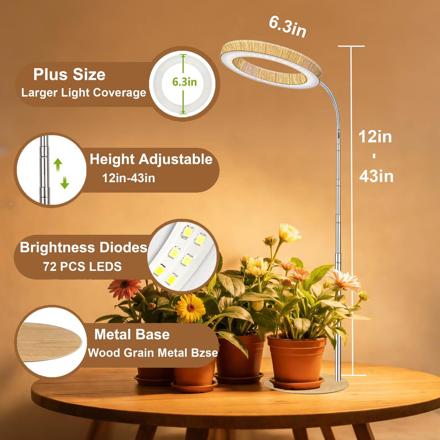 Grow Light for Indoor Plants Full Spectrum, Desk LED Plant Light with Faux Wood Grain, 12"-43" Height Adjustable, Auto On/Off Timer 3/9/12H, 3 Modes 10 Dimmable Levels for Succulents (2, Wood Grain)
