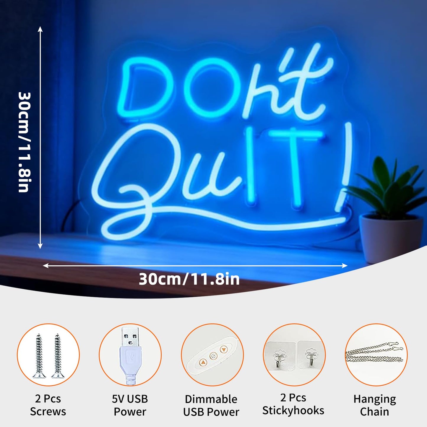 Dont Quit LED Neon Sign, USB Powered Dimmable Neon Light for Home Office Bedroom Study Room Wall Table Decor Motivational Gift for Teen Girls Boys Adults 11.8 x 11.8 In