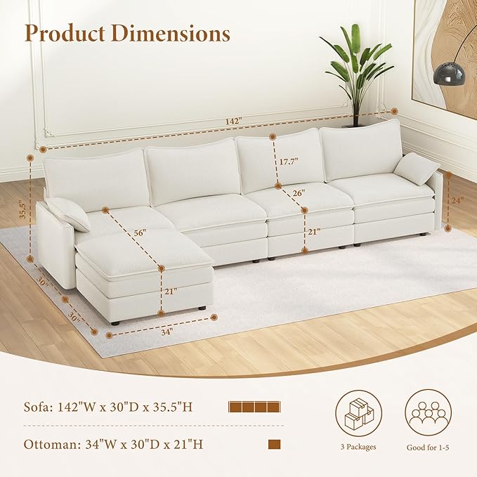 Vesgantti 142" Cloud Couch Sectional Modular Sofa, Comfy Sectional Couch