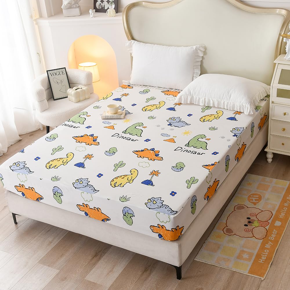 NATURETY Bedding Fitted Sheet with Deep Pocket,Dinosuar Printed Soft Fabric Bed Sheets (Colorful Dino, Twin)