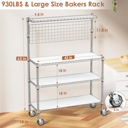 Leteuke Bakers Rack with Storage & Wheels, 42 Inch Microwave Stand Kitchen Shelves, 4-Tier Heavy Duty Storage Rack with 20 S-Hooks, Commercial Metal Utility Kitchen Cart, 42× 18× 63 Inch, Chrome