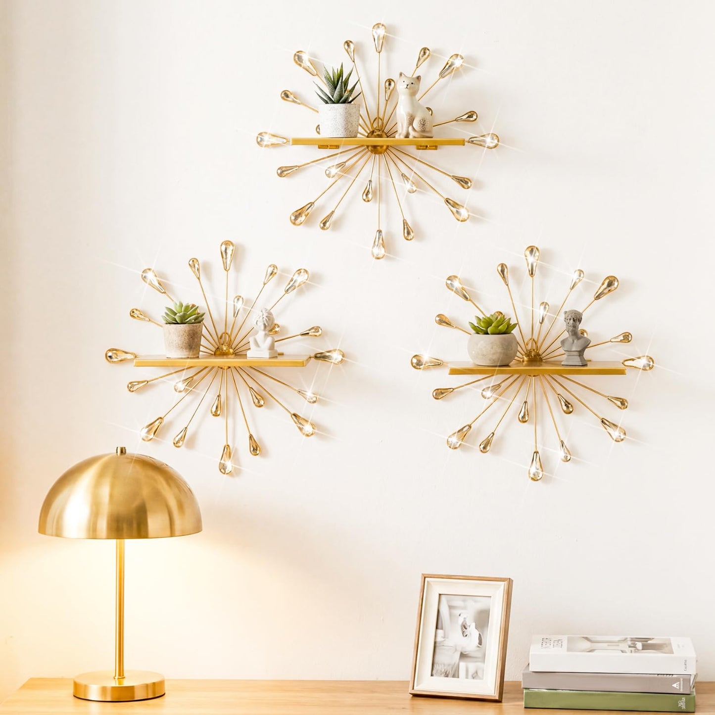 Yaocom 3 Pcs Bling Crystal Floating Shelves Metal Starbursts Wall Decor Folding Shelf Gold Corner Shelves Hanging Wall Mounted for Storage Bedroom Bathroom Living Room Kitchen Office Home Decoration