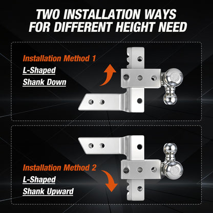 Adjustable Trailer Hitch Fits 2 Inch Receiver 12,500Lbs for Heavy Duty Truck RV with Tri-Ball (1-7/8", 2", 2-5/16") Stainless Steel 6-Inch Drop/Rise Aluminum Towing Ball Mounts (Silver)