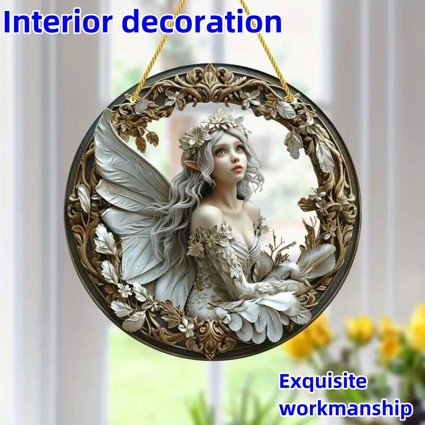 VTYFRY Flower Fairy Garden Decorations Angel Wing Christmas Halloween Deco Statue Art Elf Sculpture Hanging Craft for Outdoor Yard Courtyard Lawn Patio Window Acrylic Ornament Home Gift (D,S: 6*6 IN)