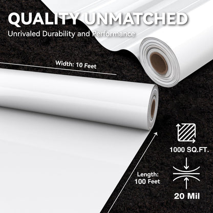 Crawl Space Vapor Barrier, 20 Mil Vapor Barrier, 10'x100', White Plastic Sheeting - Thick Plastic Sheeting, Heavy Duty Polyethylene Film, Drop Cloth Vapor Barrier Covering for Crawl Space, Basement