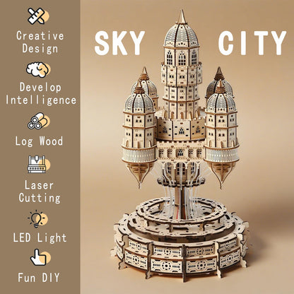 3D Wooden Puzzle for Adults Castle City in the Sky Music Box Puzzle Kit, 521 Pieces LED Light & Rotating Base DIY Mechanical Building Kit for Adults & Teens, Unique Home Decor & Creative Gift Idea