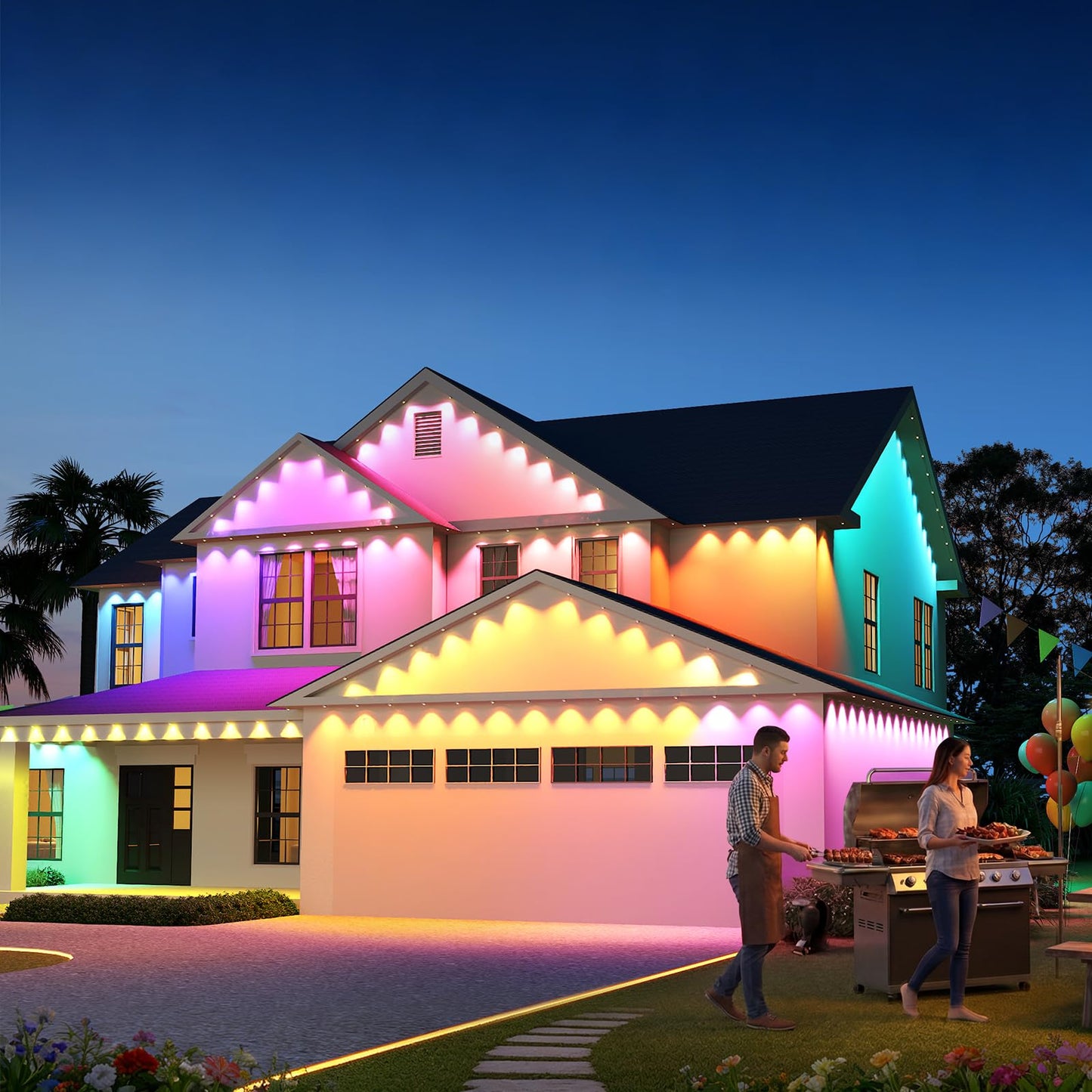 ASAHOM AI Permanent Outdoor Lights S107C, 150FT with 108 RGBCW LED Lights and Dual Output, 30,000 Lighting Effect Combination, IP67 Waterproof for House Halloween Christmas and Daily Decoration, White