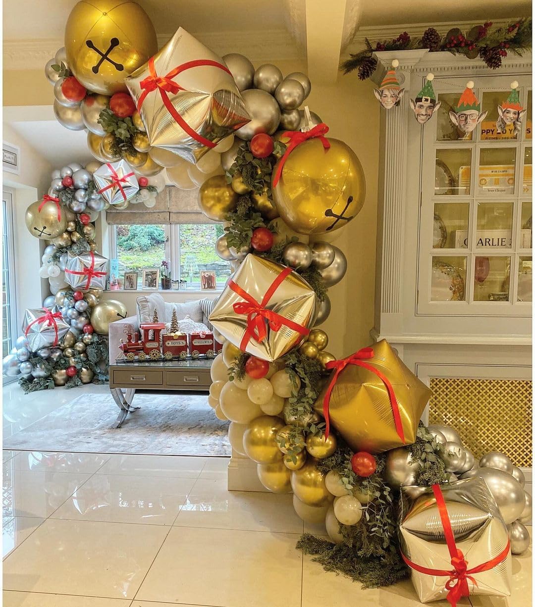 145Pcs Christmas Balloons Garland Arch Kit, Gold Sliver Balloons,Star, Bell for Christmas Party Decorations