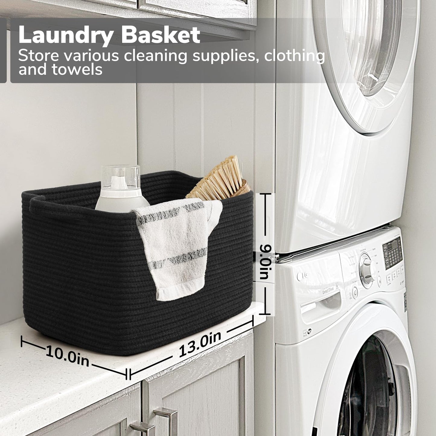 Goodpick Woven Storage Baskets for Organizing, Cotton Rope Organizer for Living Room Bedroom, Black Laundry Basket with Handles, Stylish Gift Baskets for Baby Boys, 13"x10"x9"